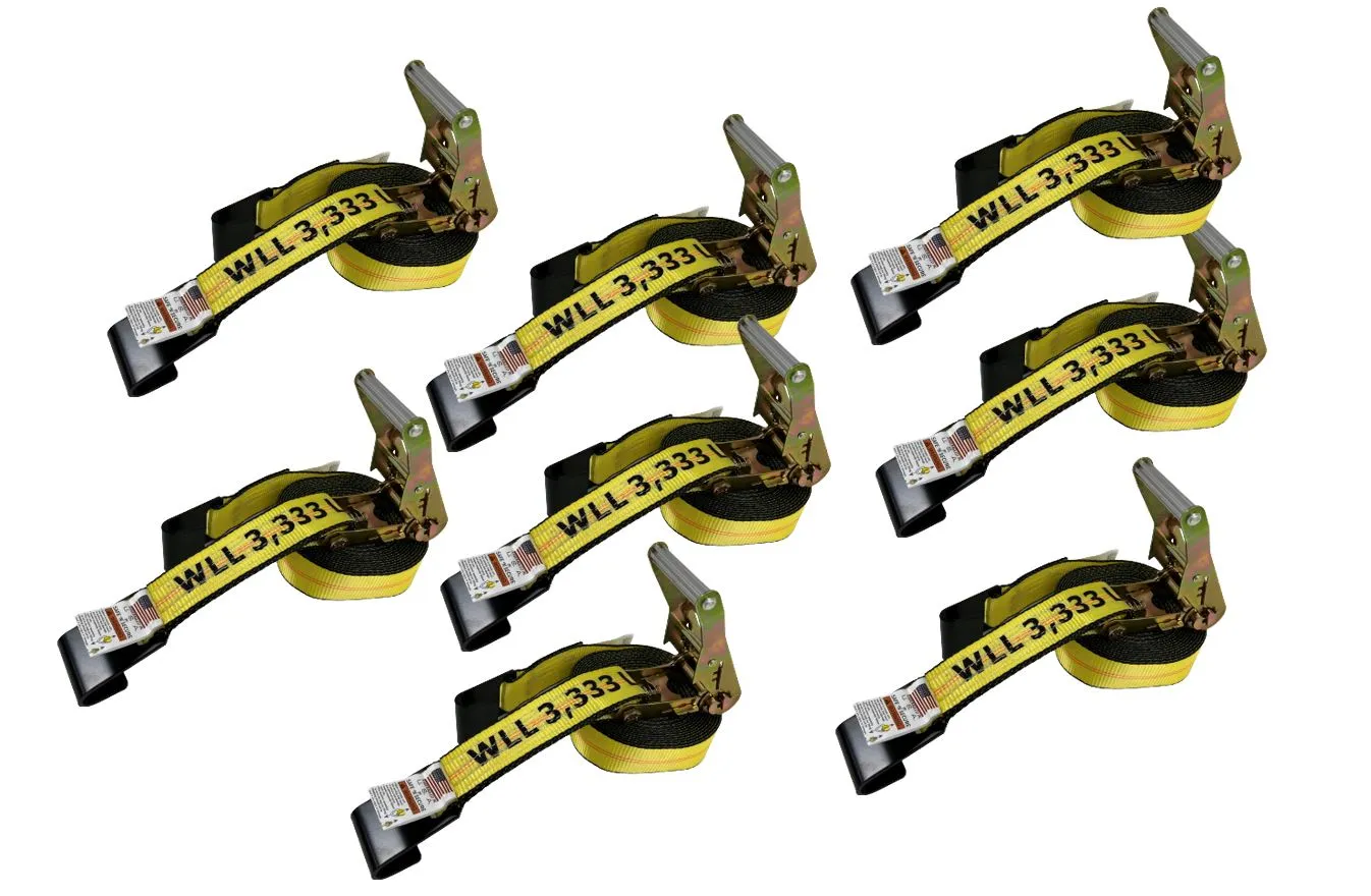 8 Pack Professional Grade BIG YELLOW 2" x 30' Ratchet Strap with Flat Hooks - 3333lb WLL