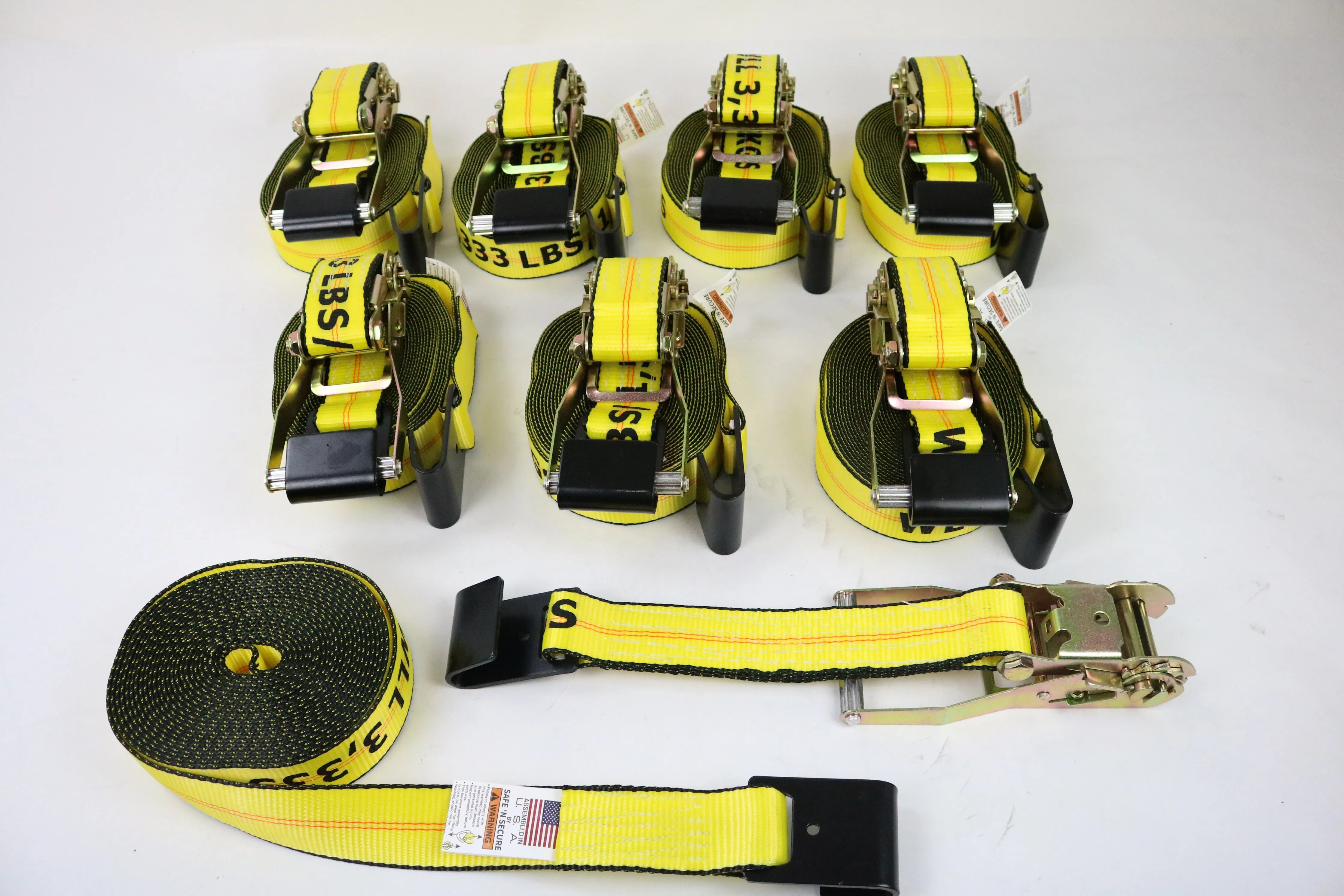 8 Pack Professional Grade BIG YELLOW 2" x 30' Ratchet Strap with Flat Hooks - 3333lb WLL