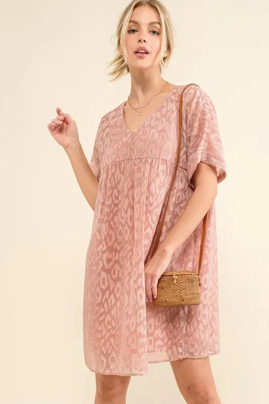 And The Why Woven Leopard Baby Doll Roll-Sleeve Casual Dress