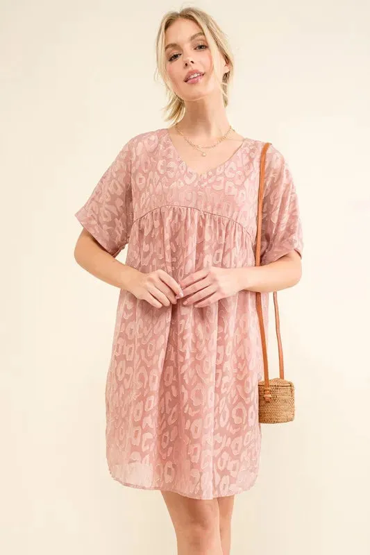 And The Why Woven Leopard Baby Doll Roll-Sleeve Casual Dress