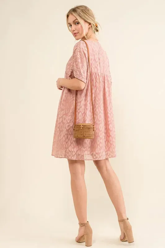 And The Why Woven Leopard Baby Doll Roll-Sleeve Casual Dress