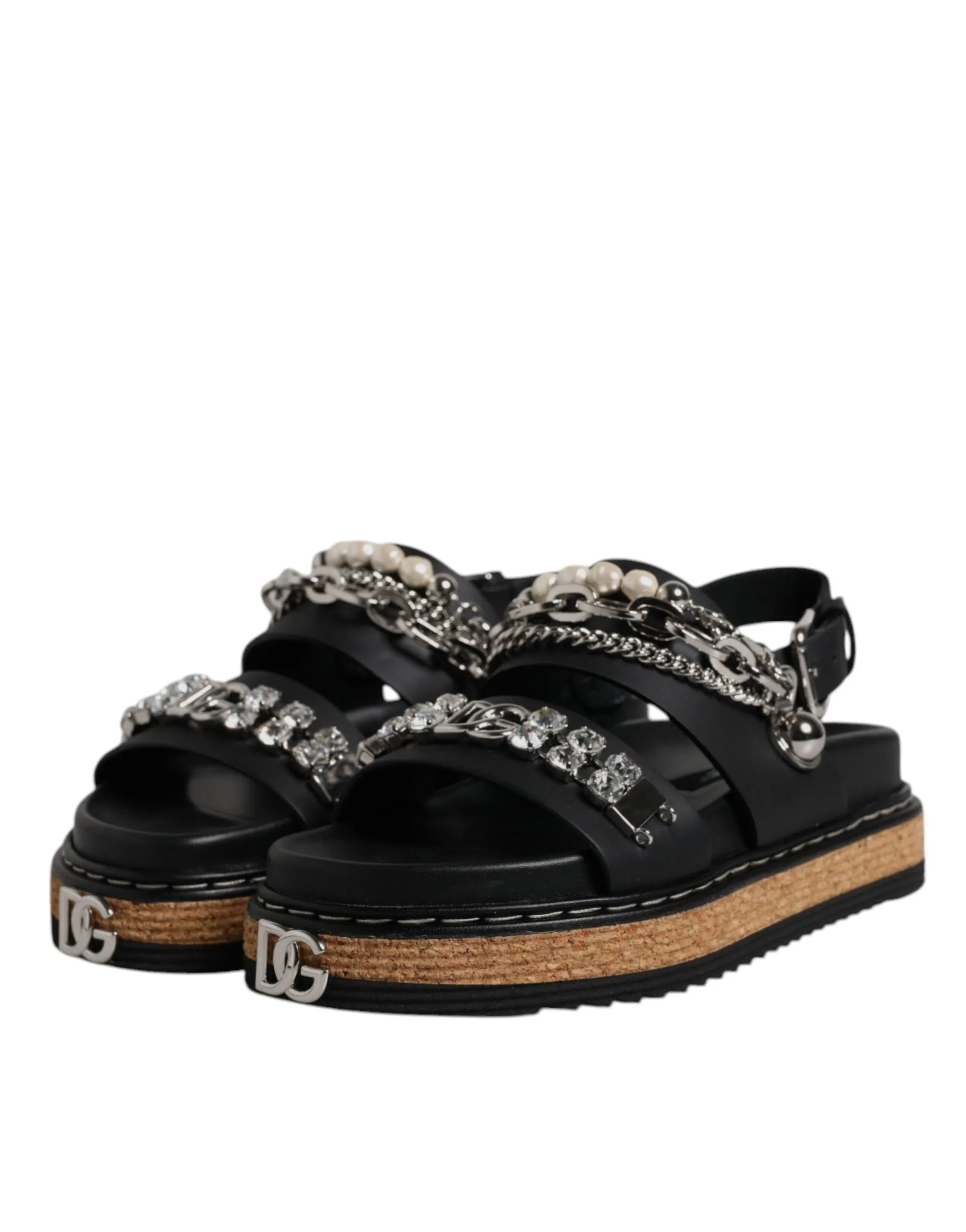 Black Crystal Embellish Strap Sandals Shoes