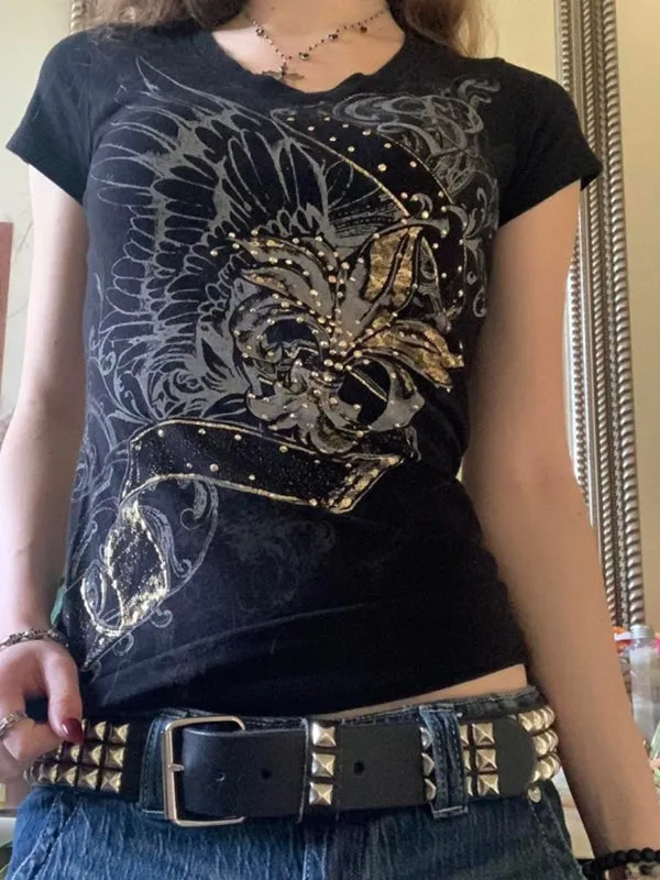 Black vintage print T-shirt with rhinestones and short sleeve