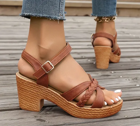Braided Strap Woven Block Sandals