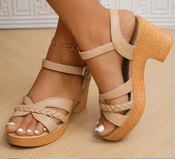 Braided Strap Woven Block Sandals