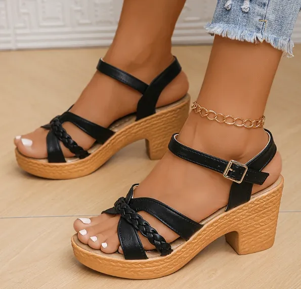 Braided Strap Woven Block Sandals