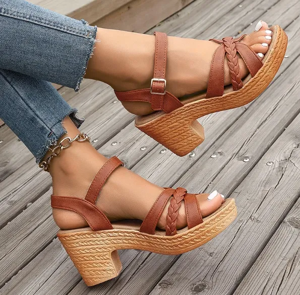 Braided Strap Woven Block Sandals