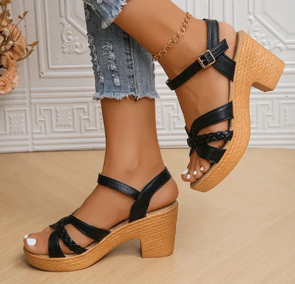 Braided Strap Woven Block Sandals