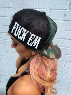 FUCK 'EM SIDE STYLE GREEN CAMO HAT