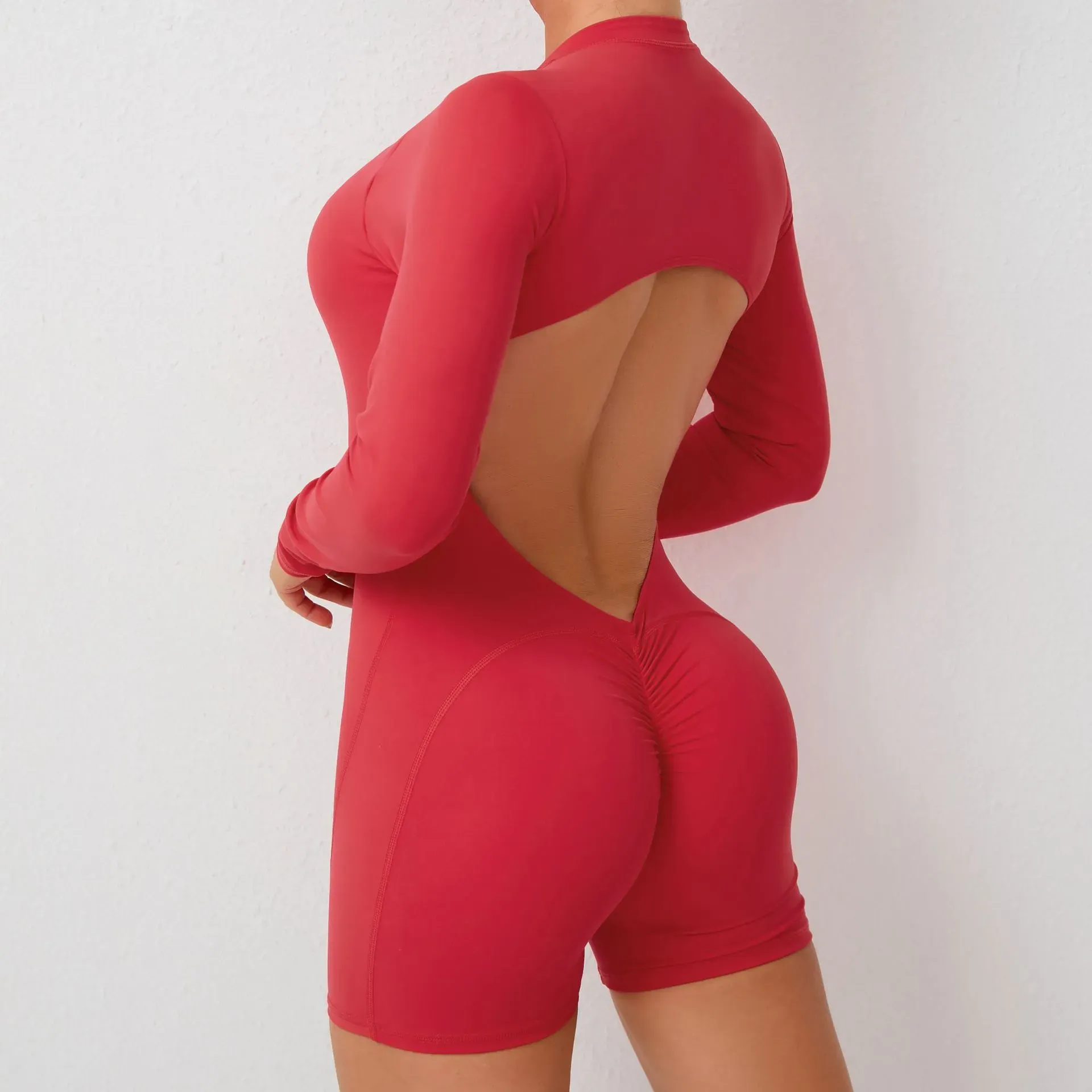 Mira Long Sleeve Open Back Scrunch Butt Short Jumpsuit