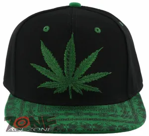 NEW! FLAT BILL MARIJUANA WEED LEAF CANNABIS POT SNAPBACK CAP HAT BLACK