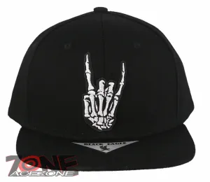 NEW! SKELETON HAND HANG LOOSE FINGER FLAT BILL SNAPBACK BASEBALL CAP HAT BLACK