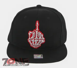 NEW! SKELETON HAND MIDDLE FINGER RED FLAT BILL SNAPBACK BASEBALL CAP HAT BLACK