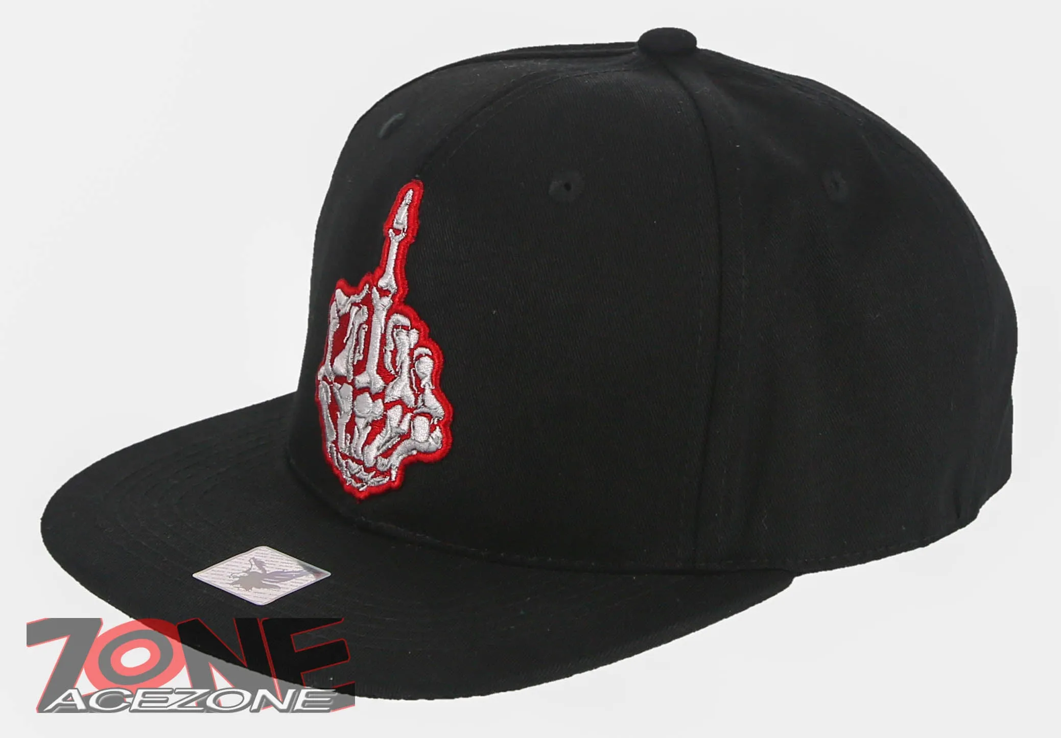 NEW! SKELETON HAND MIDDLE FINGER RED FLAT BILL SNAPBACK BASEBALL CAP HAT BLACK