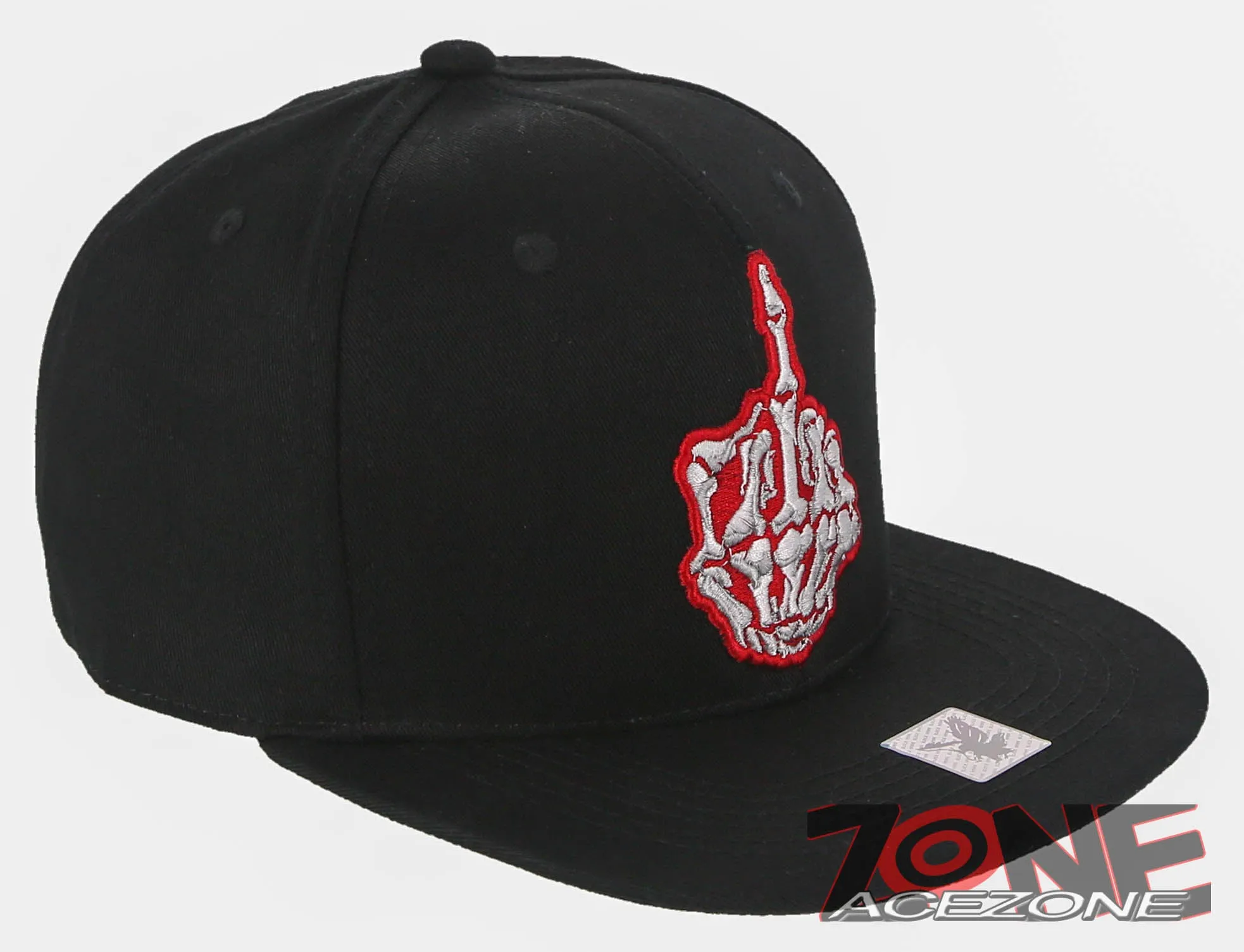 NEW! SKELETON HAND MIDDLE FINGER RED FLAT BILL SNAPBACK BASEBALL CAP HAT BLACK