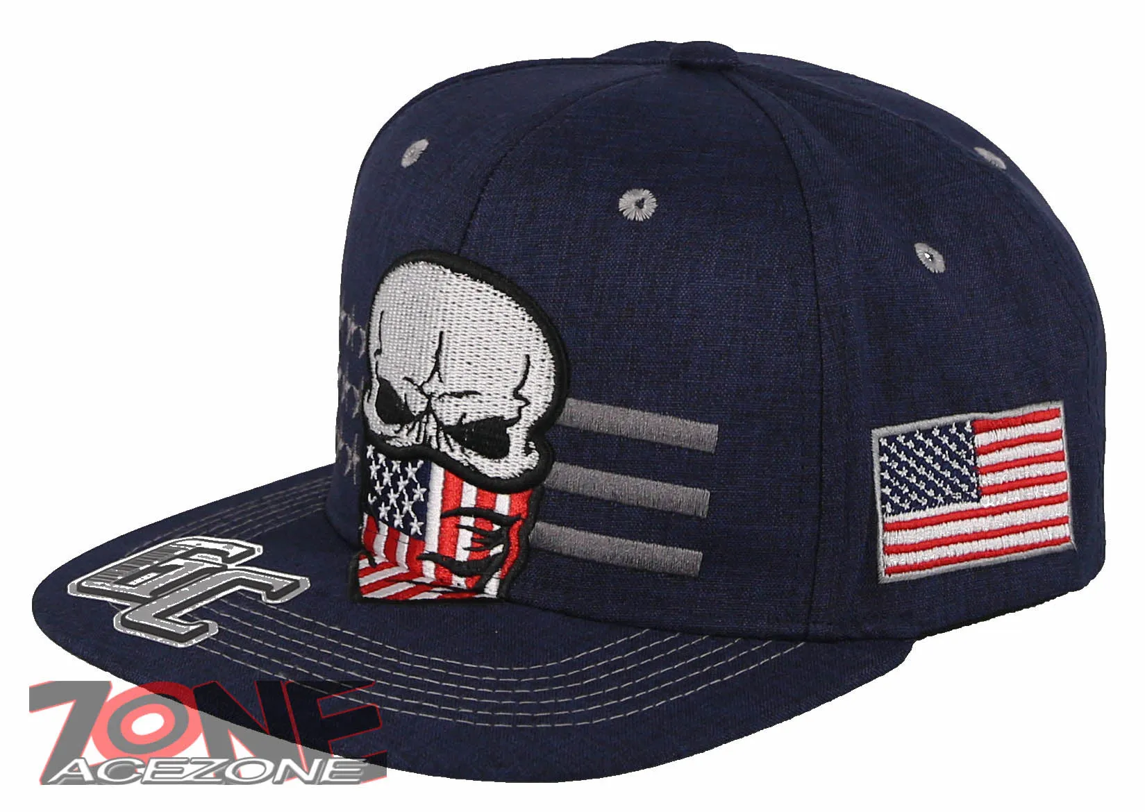 NEW! SKULL USA FLAG MASK SKELETON FLAT BILL SNAPBACK BASEBALL CAP HAT NAVY