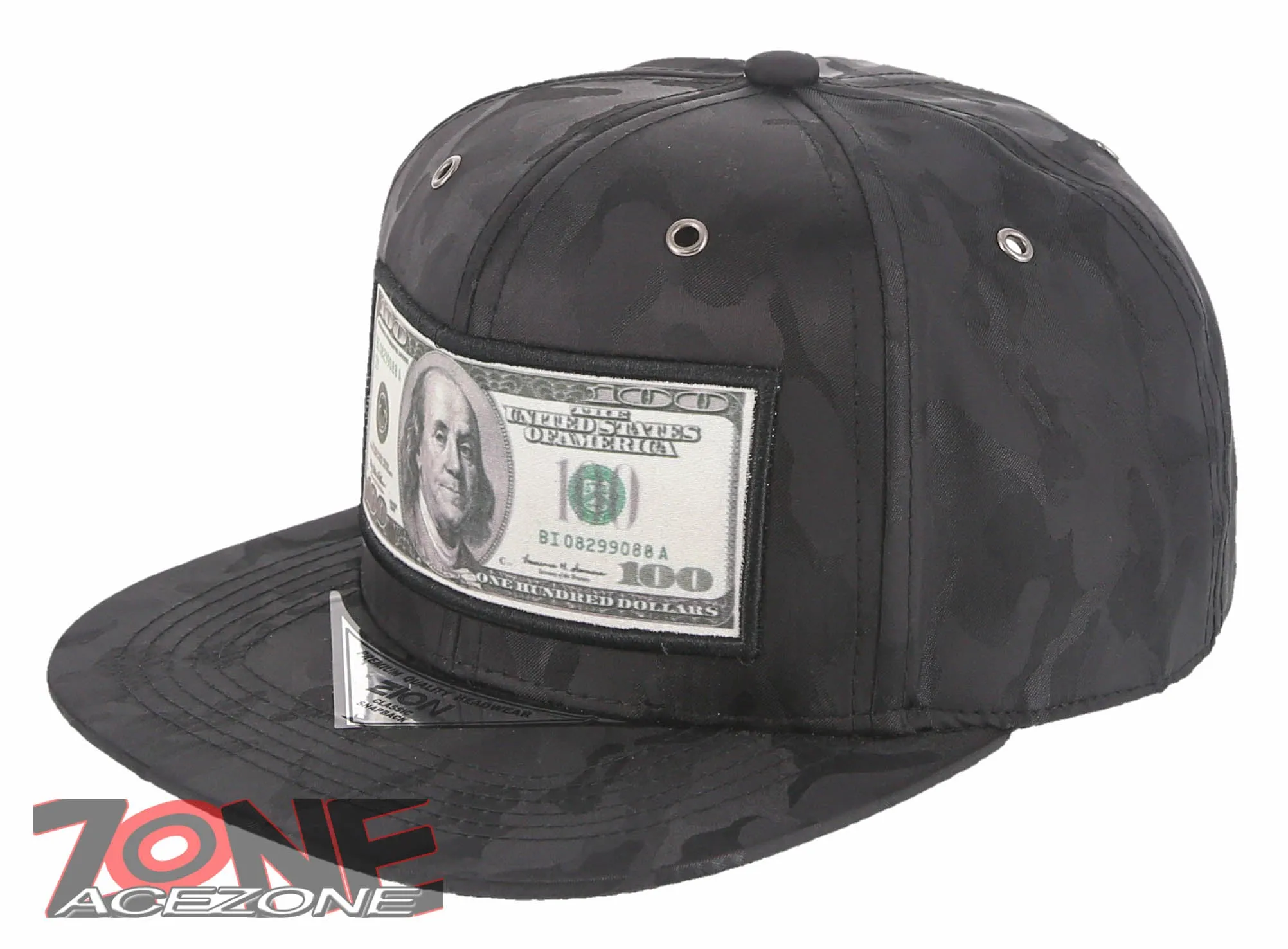NEW! US 100 DOLLAR BILL PATCH FLAT BILL BASEBALL CAP HAT CAMOUFLAGE BLACK