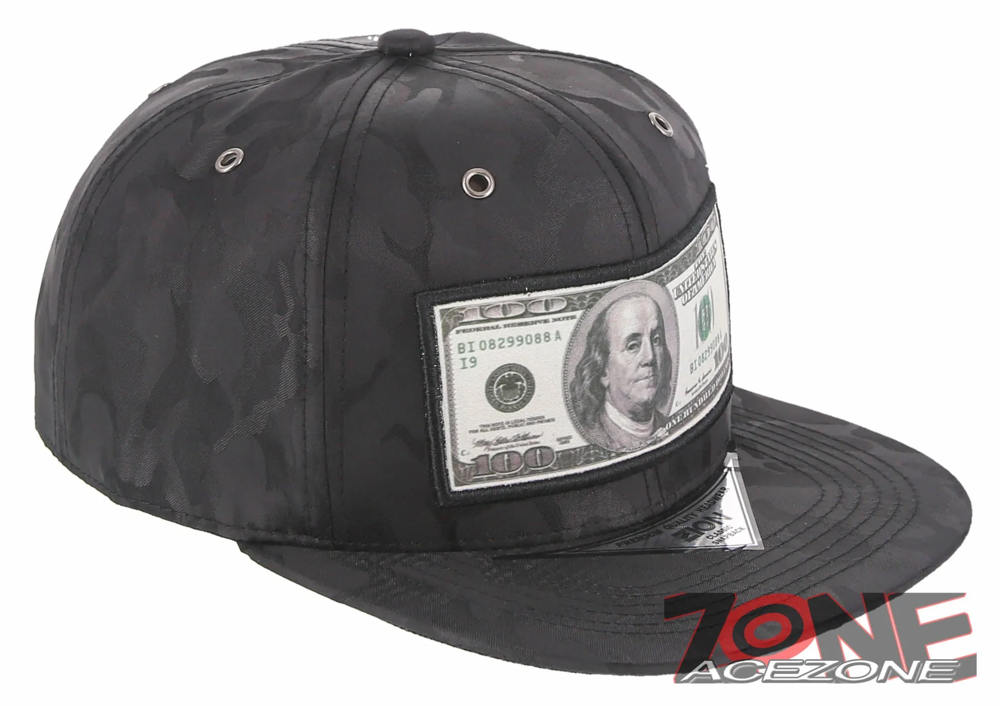 NEW! US 100 DOLLAR BILL PATCH FLAT BILL BASEBALL CAP HAT CAMOUFLAGE BLACK