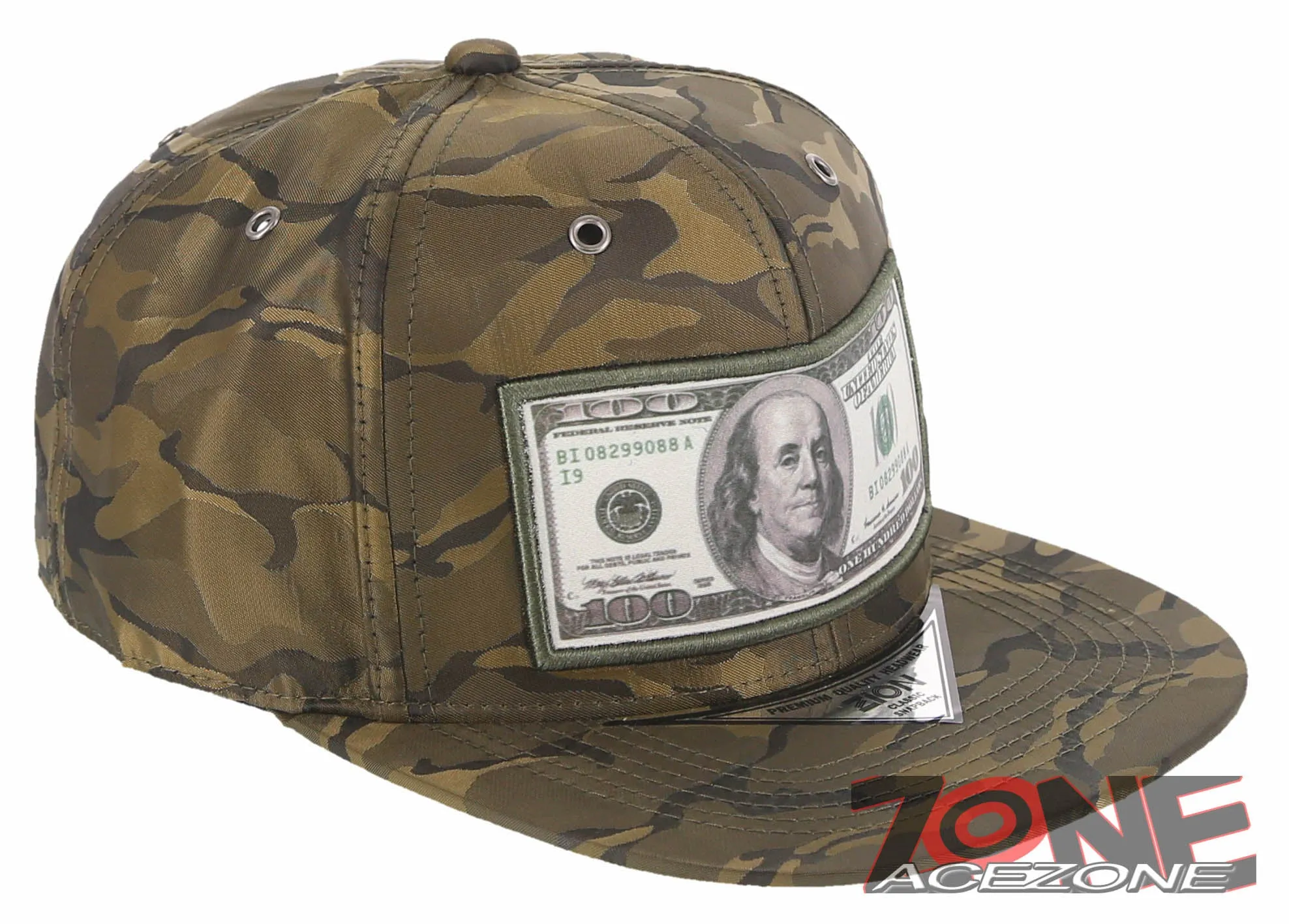 NEW! US 100 DOLLAR BILL PATCH FLAT BILL BASEBALL CAP HAT CAMOUFLAGE OLIVE