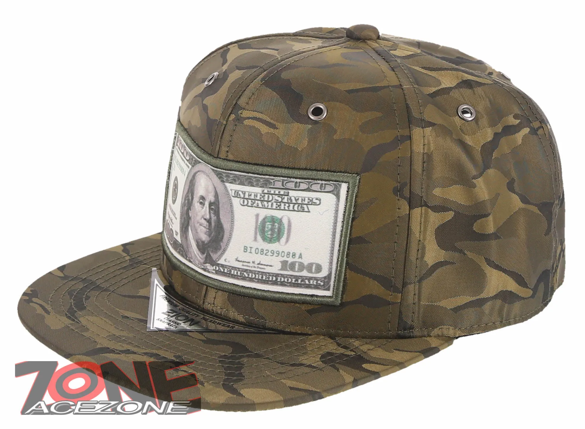 NEW! US 100 DOLLAR BILL PATCH FLAT BILL BASEBALL CAP HAT CAMOUFLAGE OLIVE