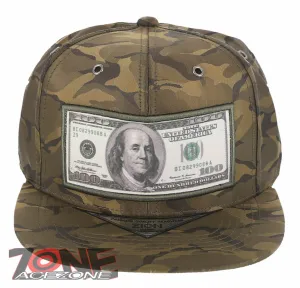NEW! US 100 DOLLAR BILL PATCH FLAT BILL BASEBALL CAP HAT CAMOUFLAGE OLIVE
