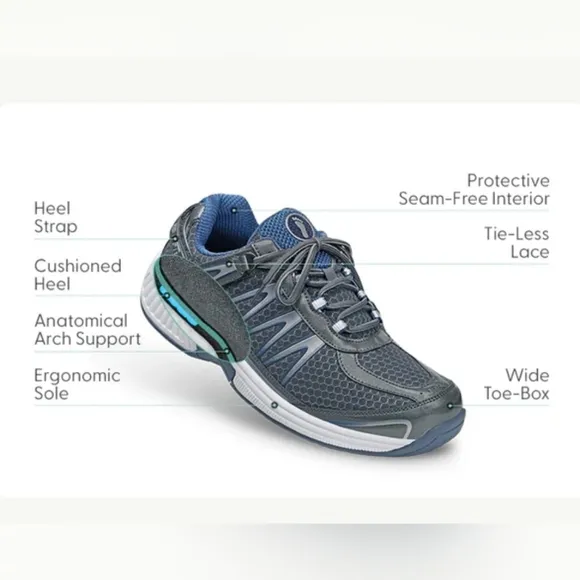 Orthofeet Sprint Tie-Less Sneaker Mens 13 2E Comfort Shoe Gray Blue Extra Wide