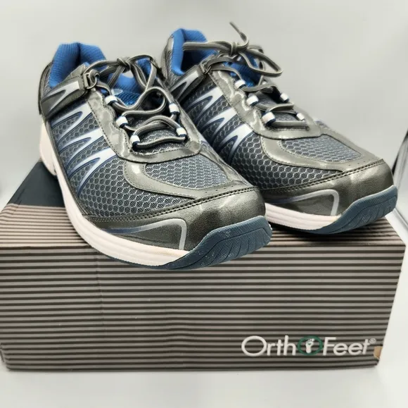 Orthofeet Sprint Tie-Less Sneaker Mens 13 2E Comfort Shoe Gray Blue Extra Wide