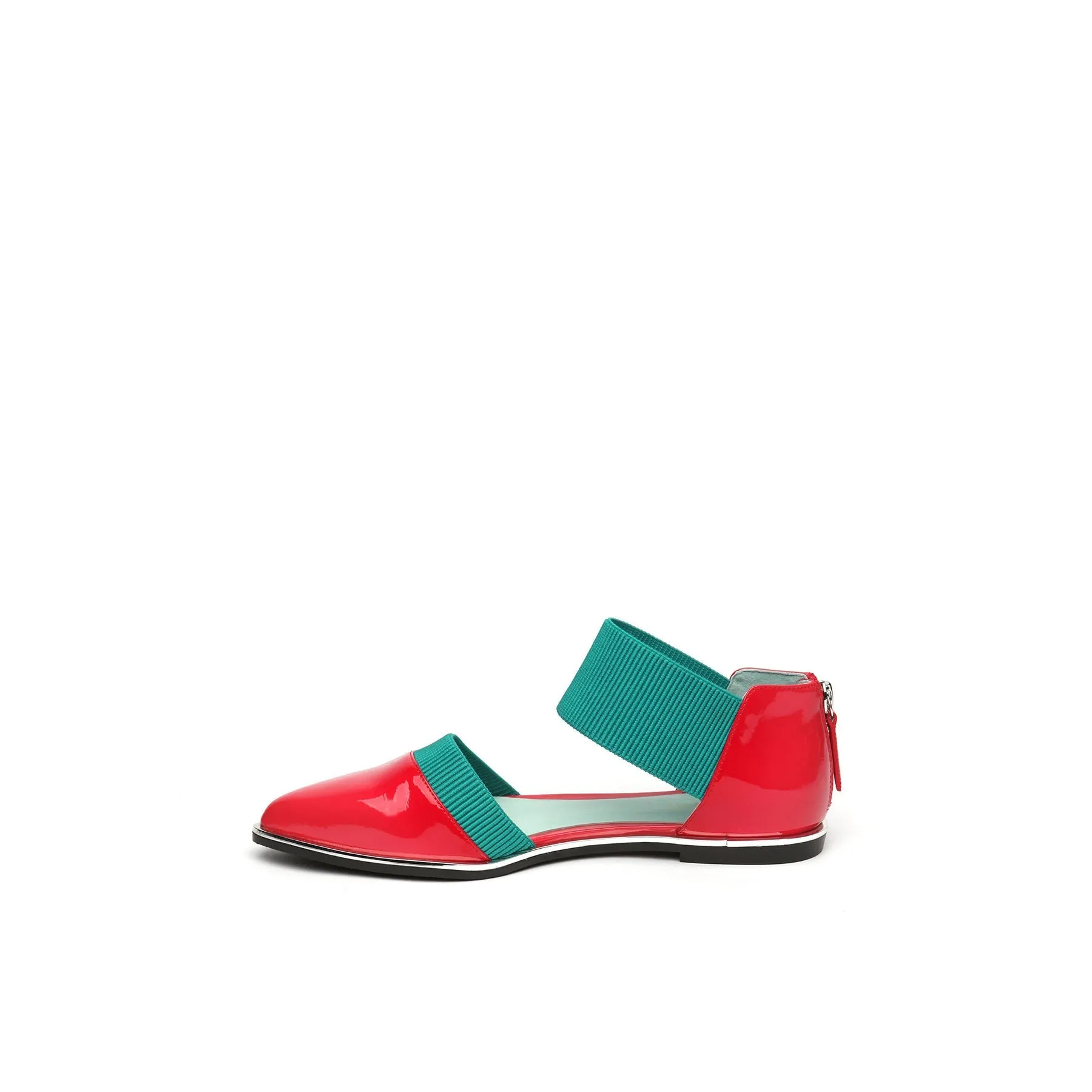 Pointed Leather Ankle-Strap Flat - Red