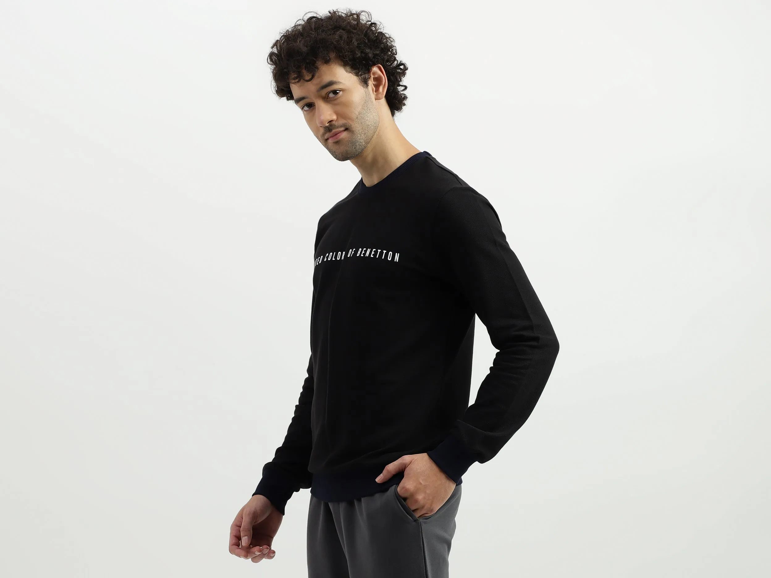 Regular Fit Round Neck Contrast Rib Branded Sweatshirt