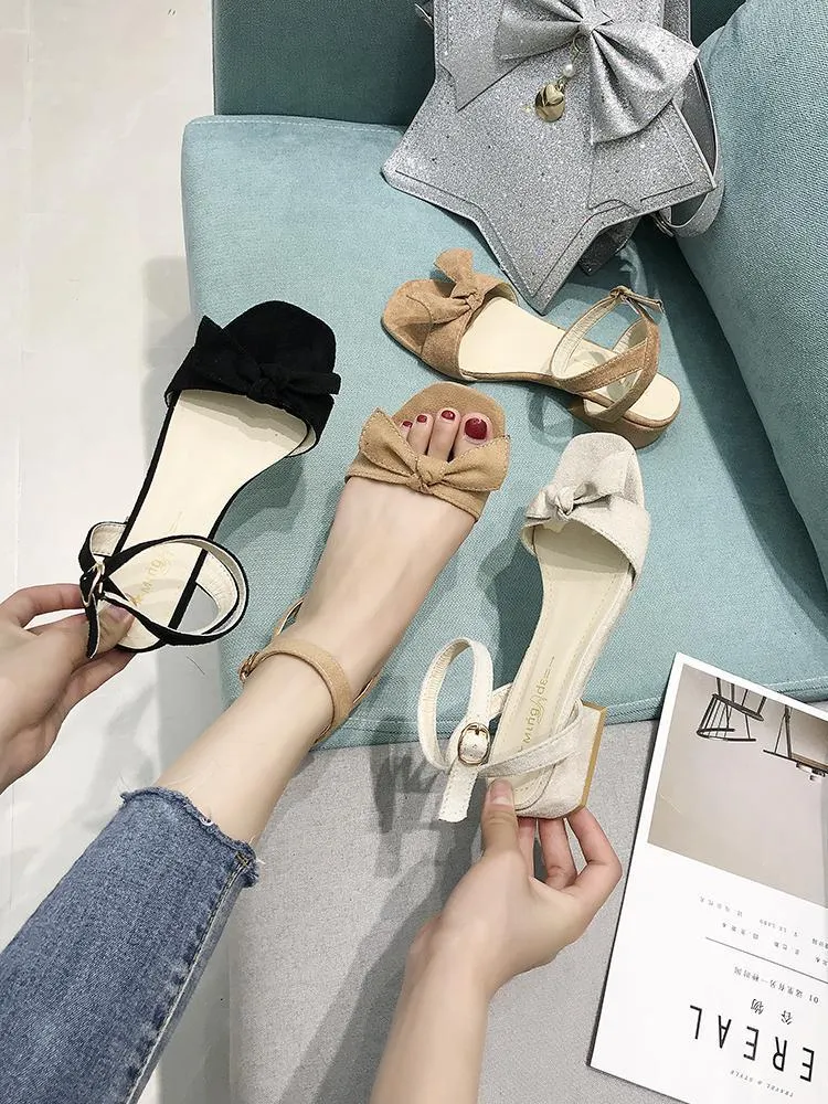 Suede Bow Low Heel Sandals