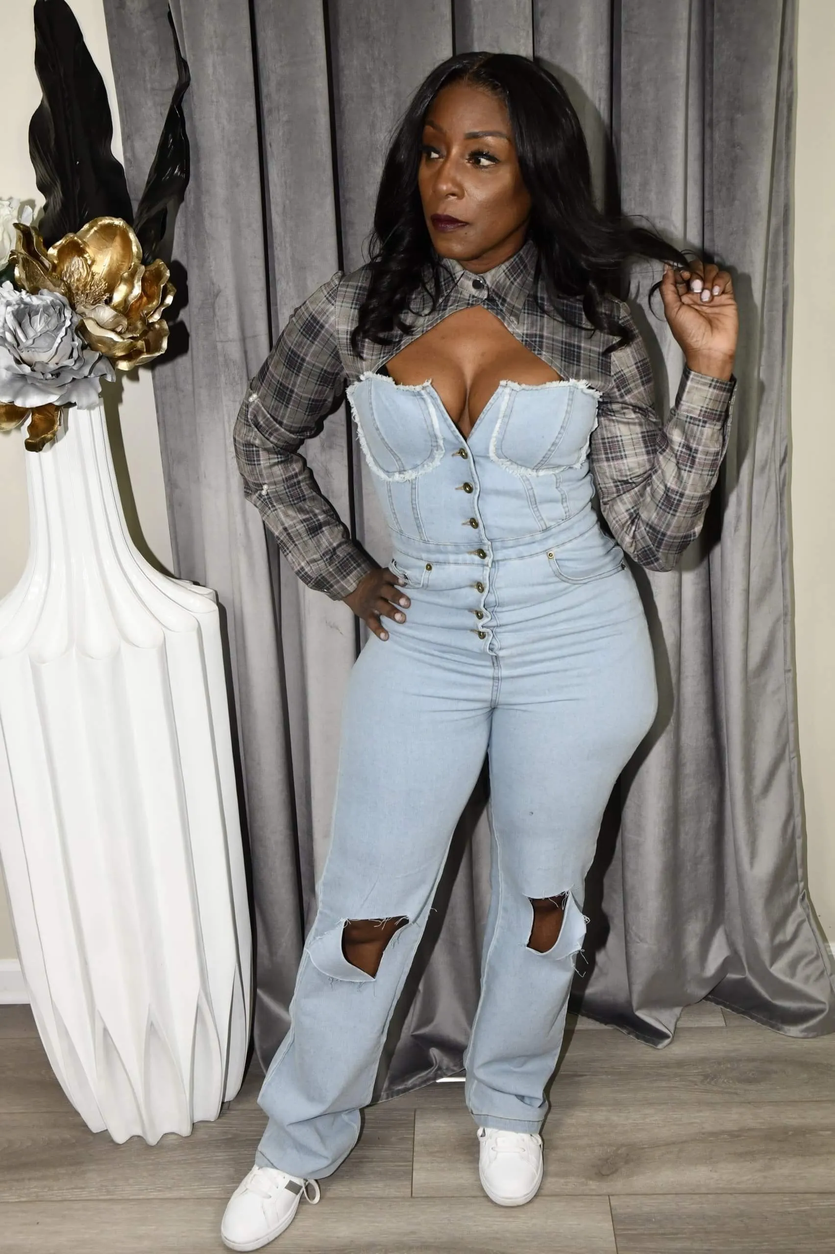 Tartan Denim Jumpsuit