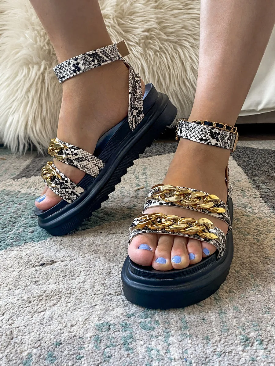 Taupe Snakeskin Chain Platform Sandal