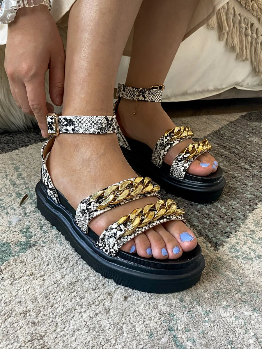 Taupe Snakeskin Chain Platform Sandal