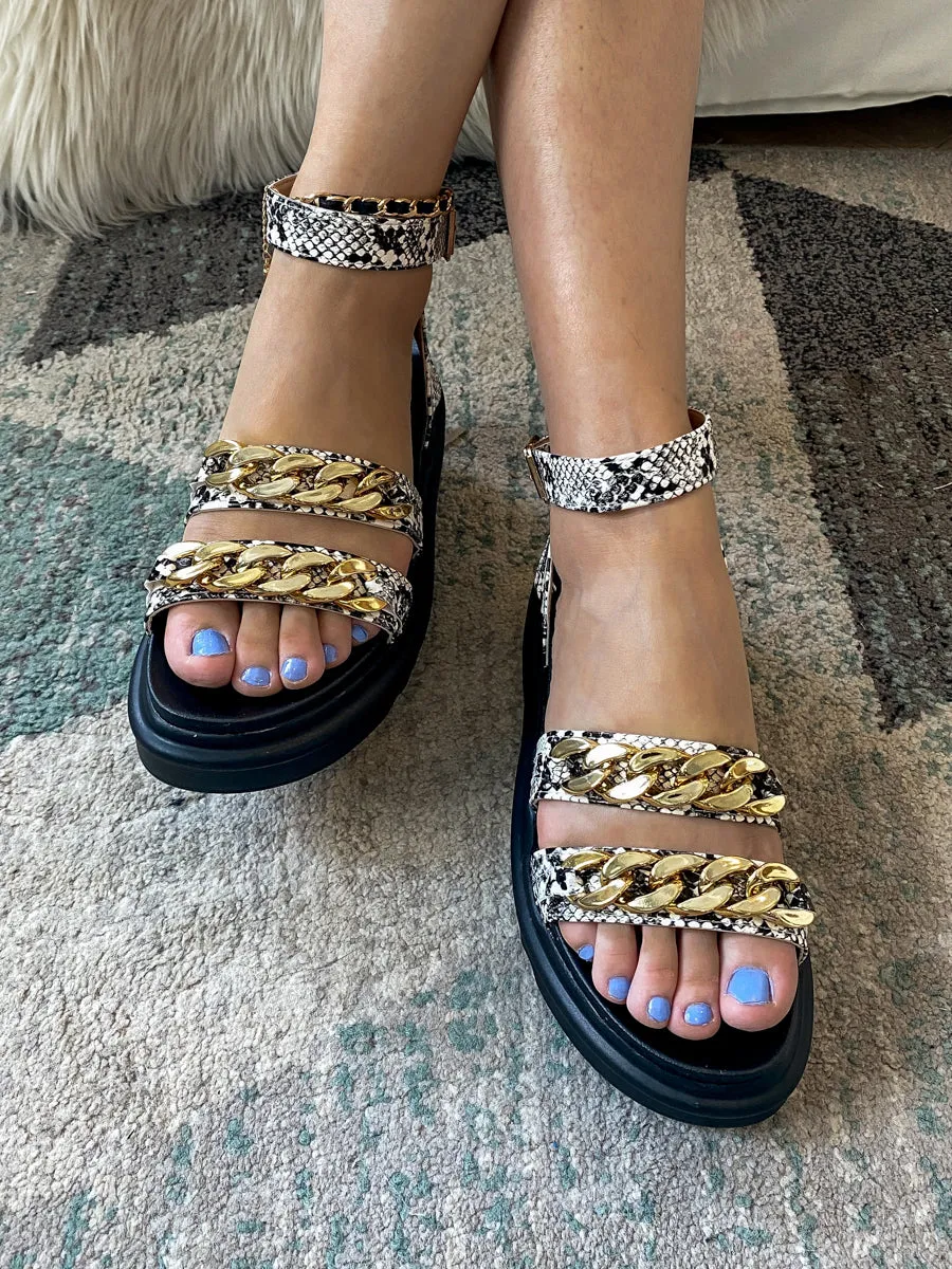 Taupe Snakeskin Chain Platform Sandal