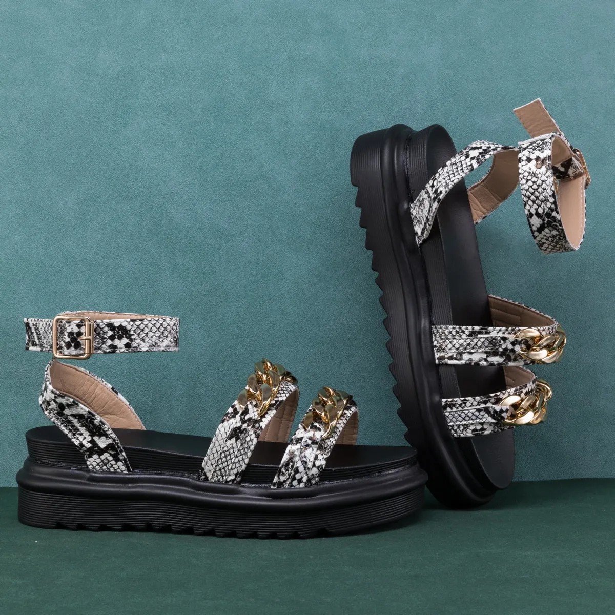 Taupe Snakeskin Chain Platform Sandal