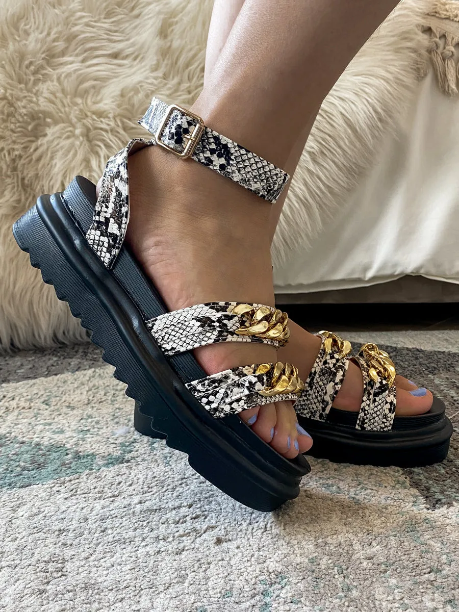 Taupe Snakeskin Chain Platform Sandal