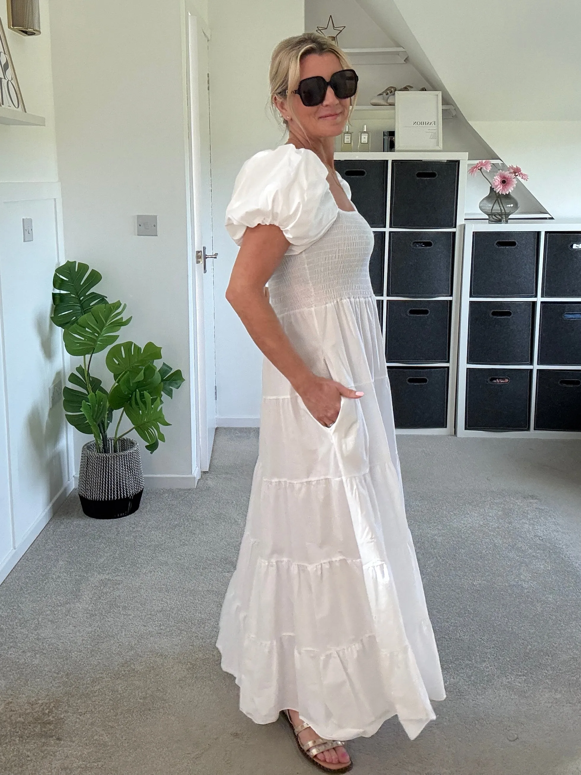 White Puff Shoulder Maxi Dress