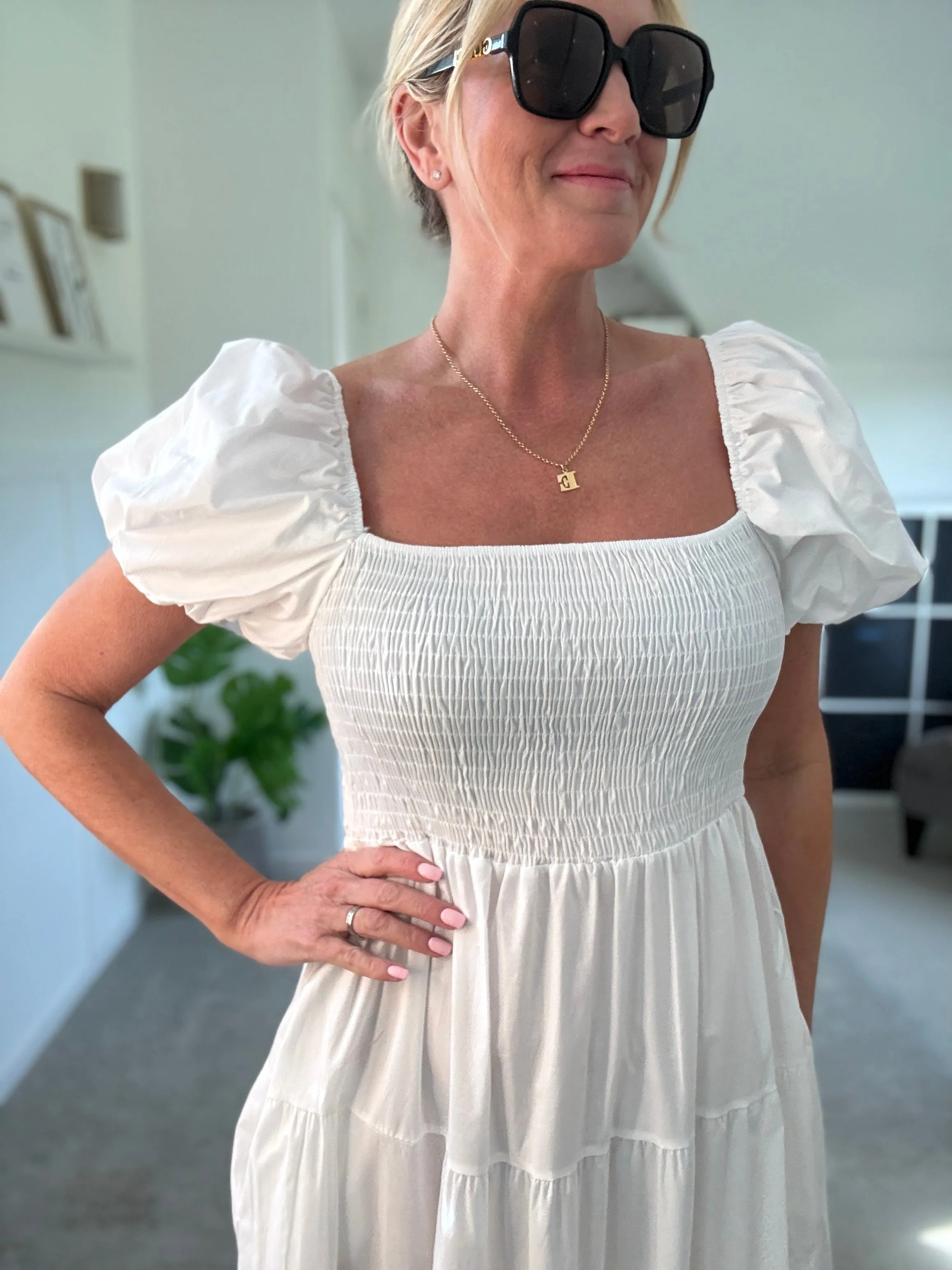 White Puff Shoulder Maxi Dress