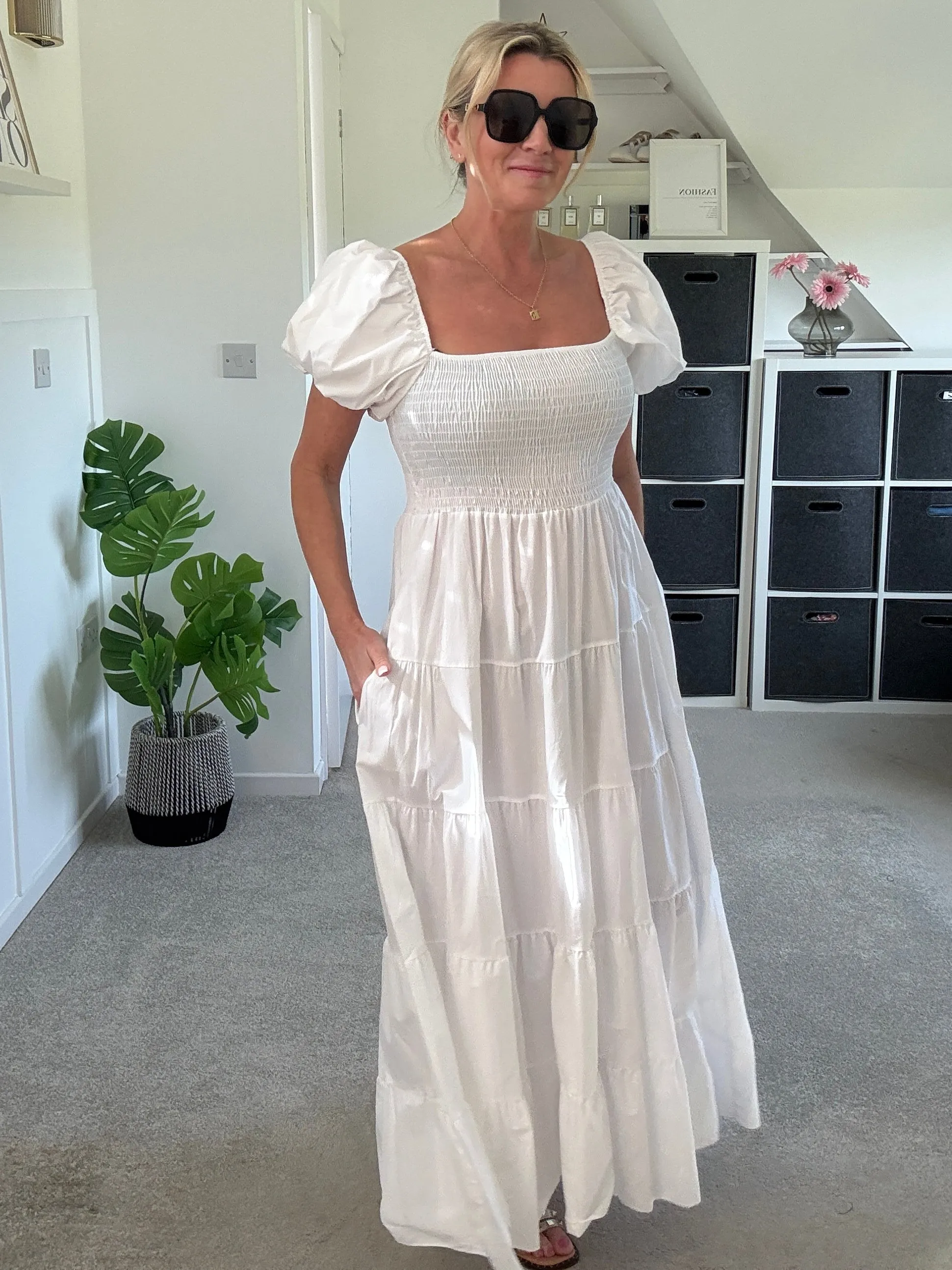 White Puff Shoulder Maxi Dress