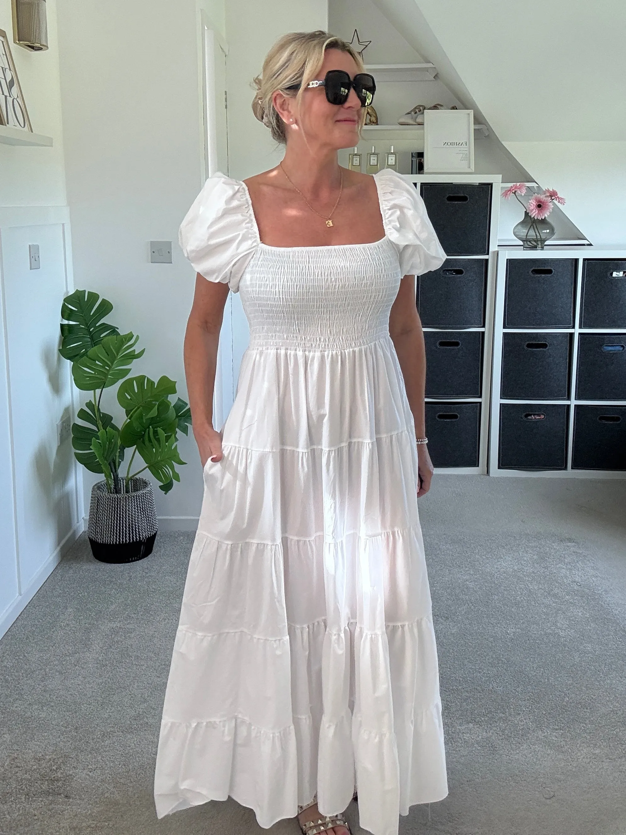 White Puff Shoulder Maxi Dress