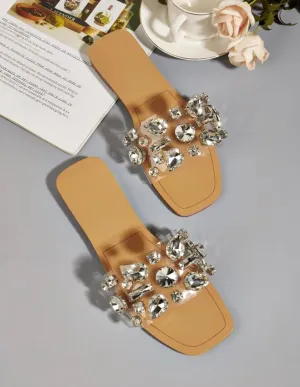 Women Gemstone Decor Slide Sandals, Glamorous Open Toe Flat Sandals