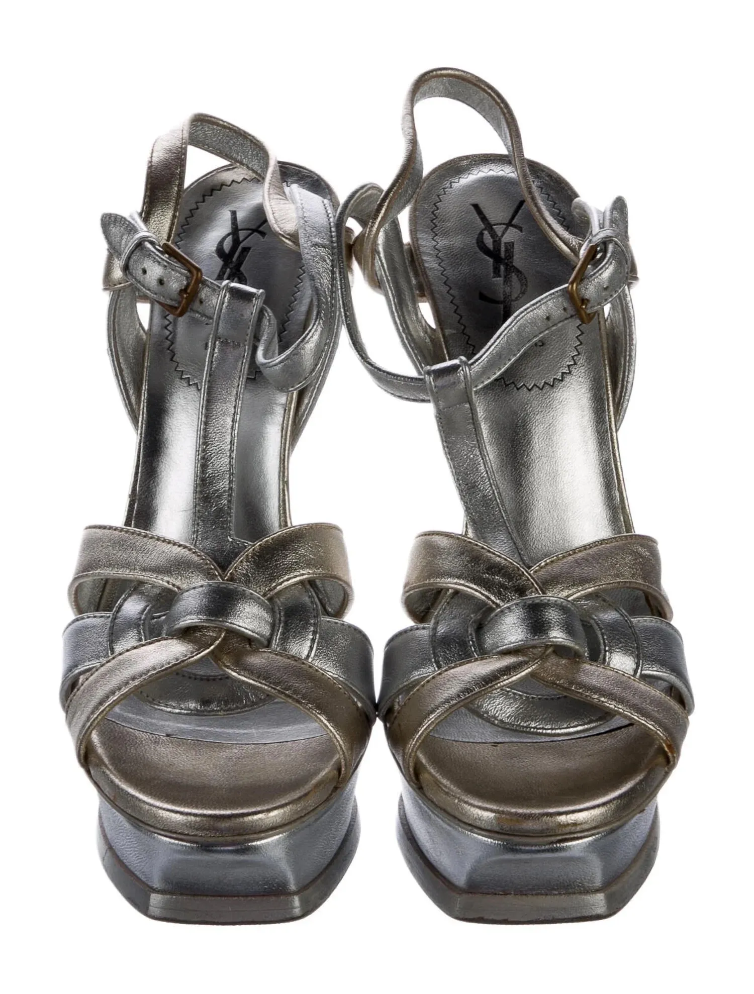 YSL METALLIC LEATHER TRIBUTE T-STRAP SANDALS