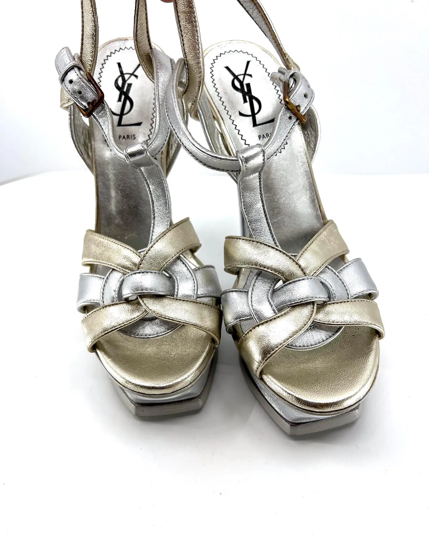 YSL METALLIC LEATHER TRIBUTE T-STRAP SANDALS