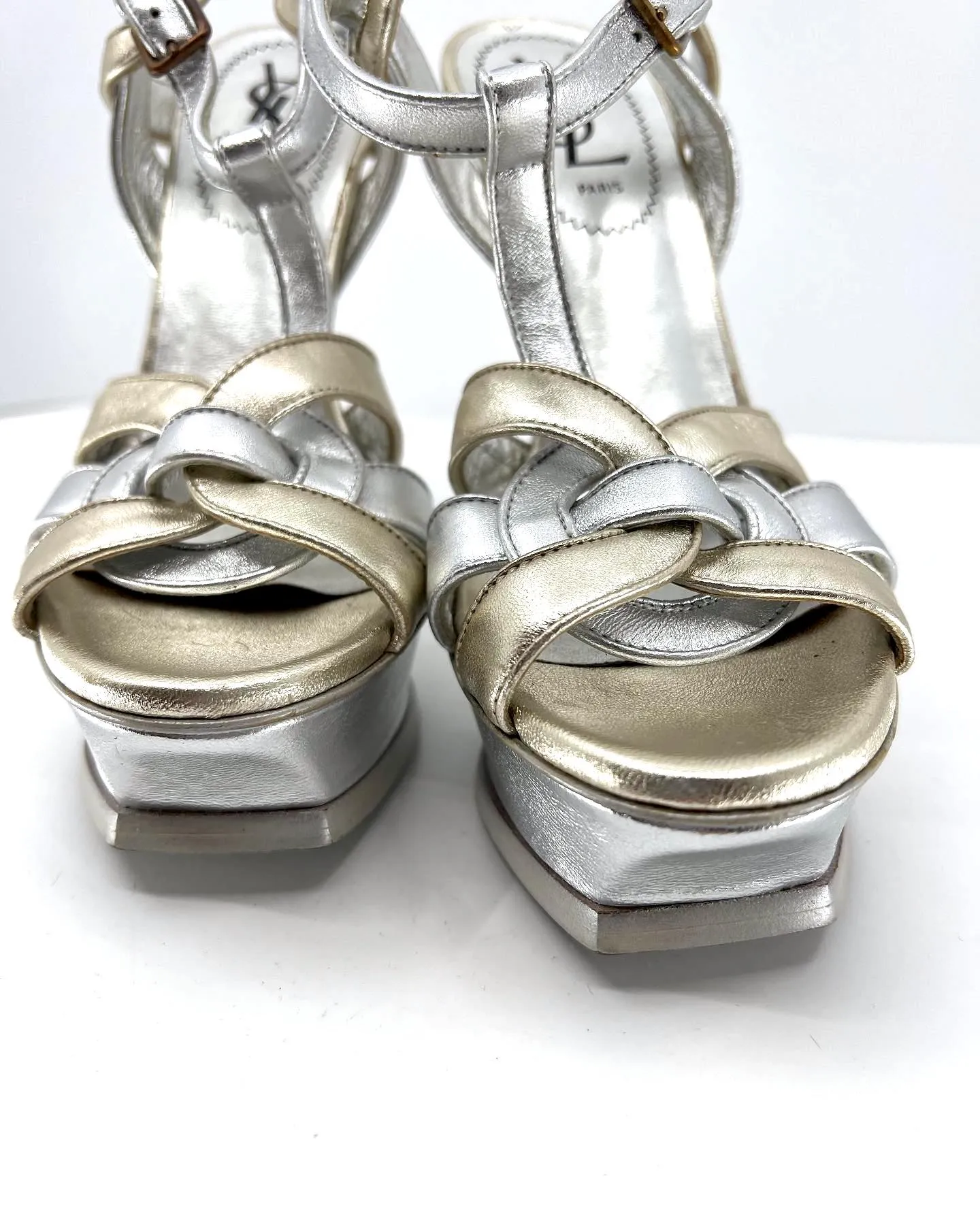 YSL METALLIC LEATHER TRIBUTE T-STRAP SANDALS