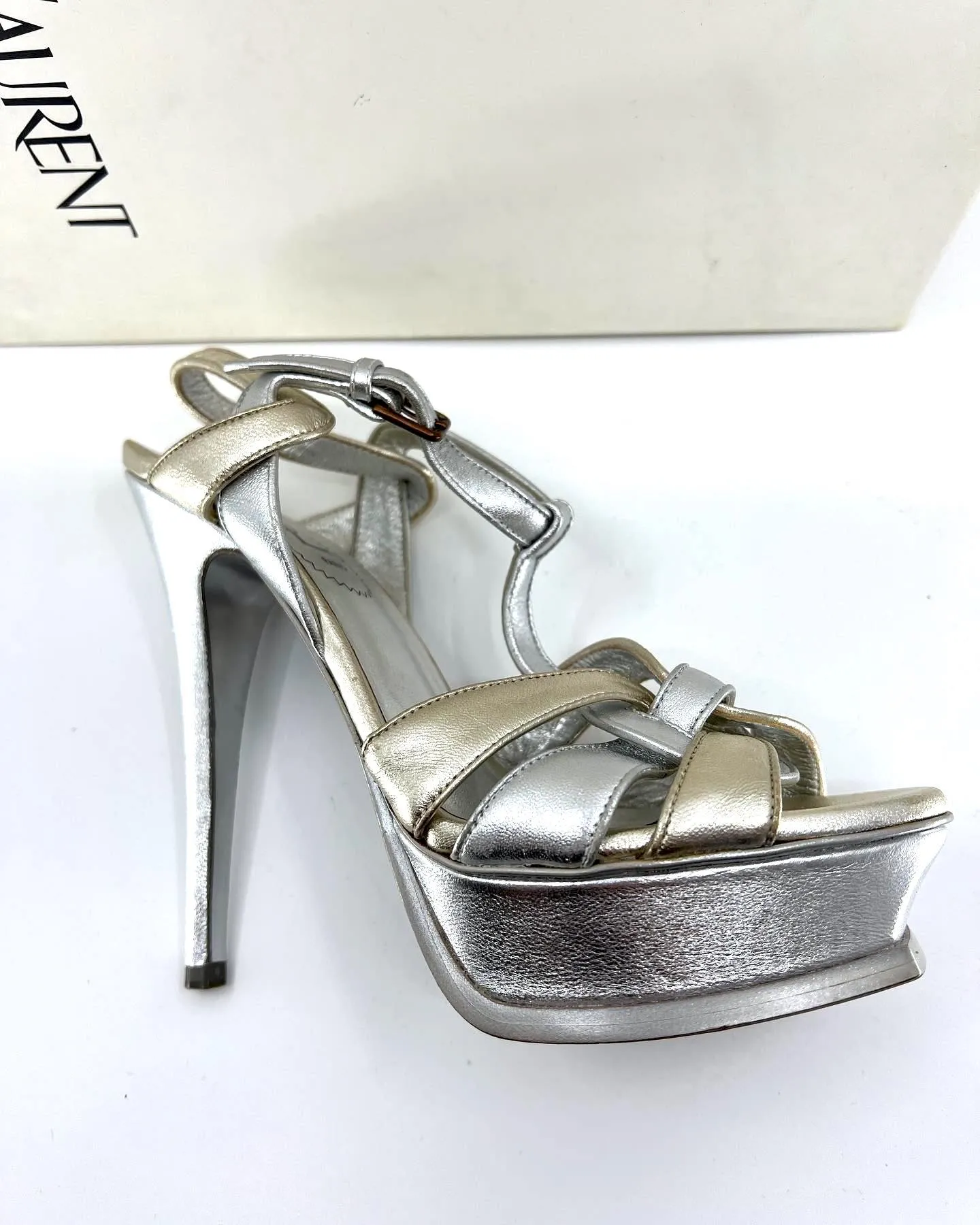 YSL METALLIC LEATHER TRIBUTE T-STRAP SANDALS