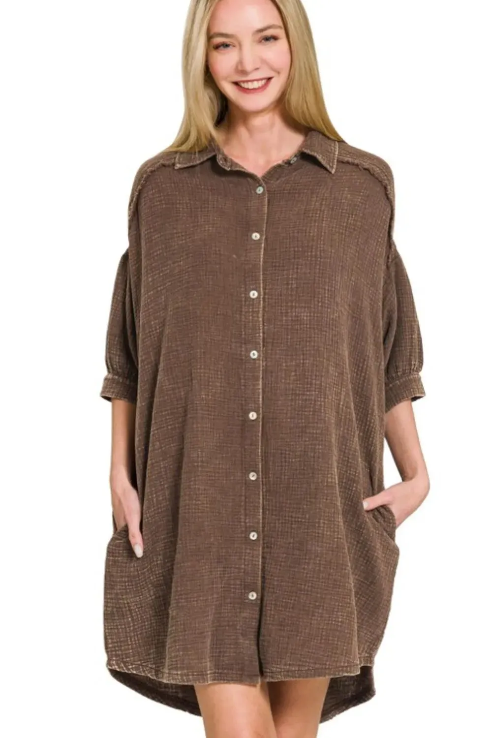 Zenana Washed Double Gauze Button Down Shirt Dress